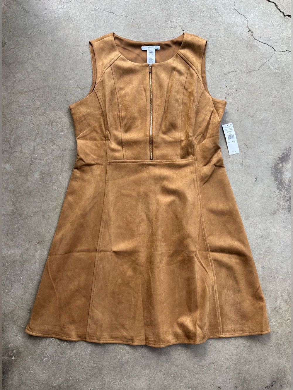 NWT New Studio New York caramel faux suede front zip tank mini dress size 16.